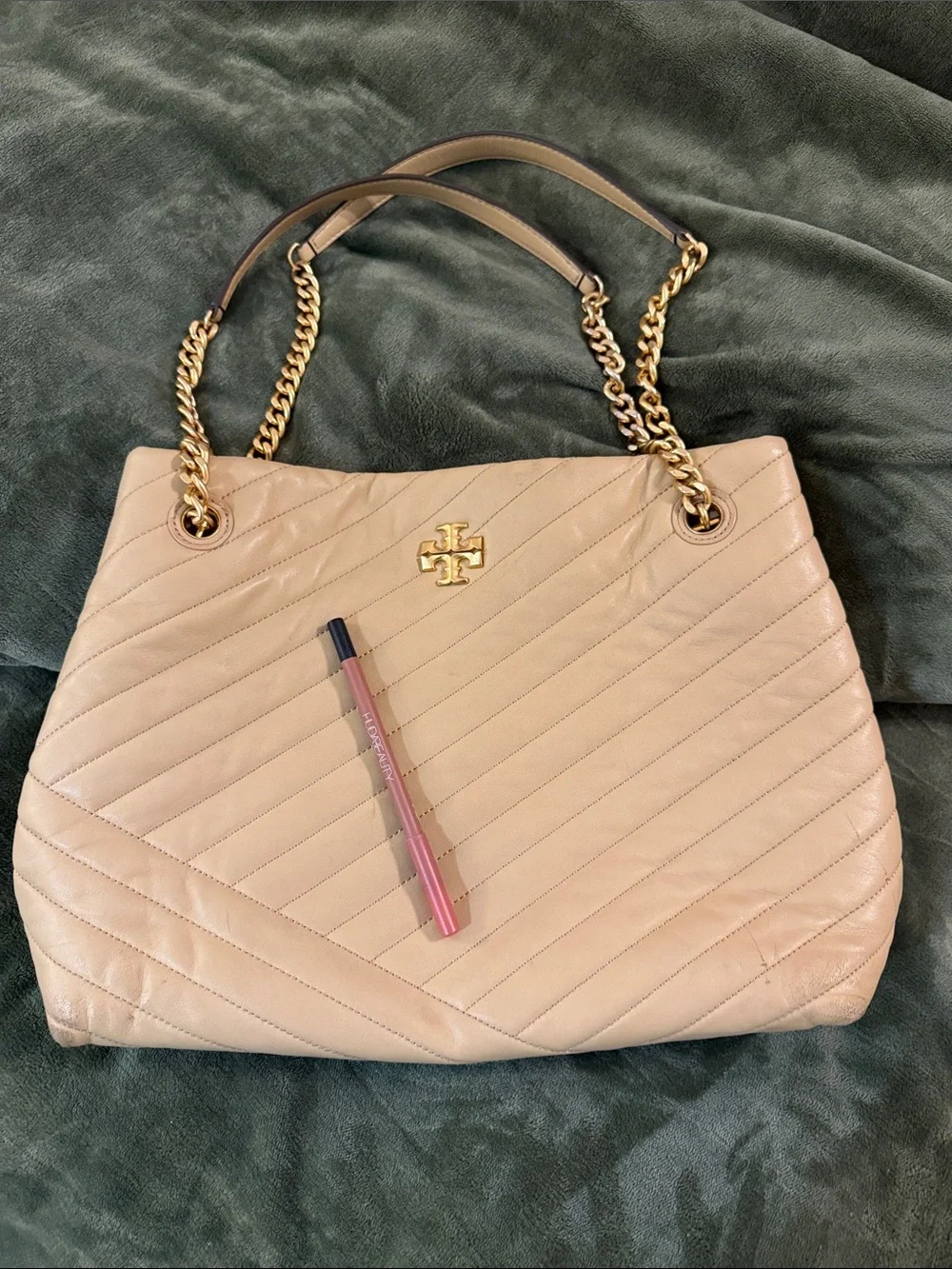 Tory Burch Quilted Leather Shoulder Bag in Nude Blush with Gold Hardware